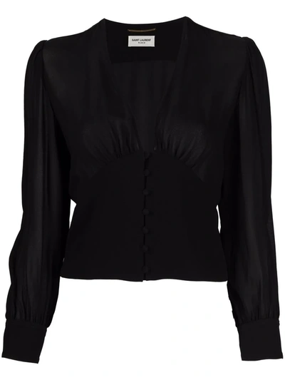 Saint Laurent Buttoned-up V-neck Blouse In Black