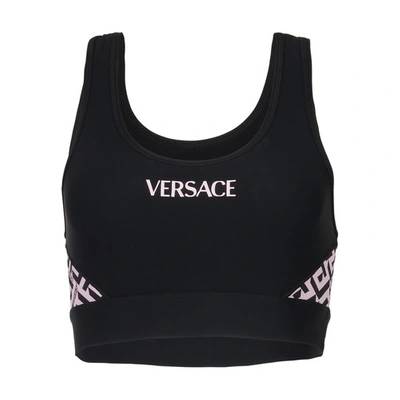 Versace Greca Signature Accent Sports Bra In Nero Candy