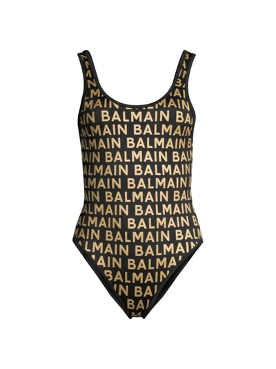 Balmain Logo印花科技织物连体泳衣 In Black,gold