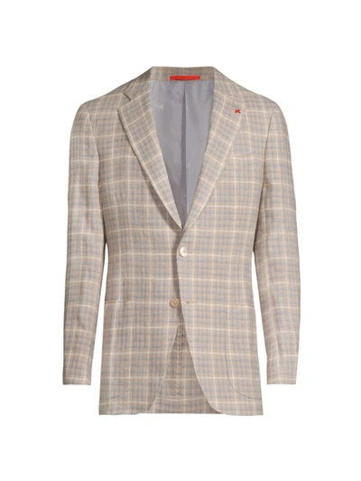 Isaia Linen-blend Plaid Sportcoat In Cream