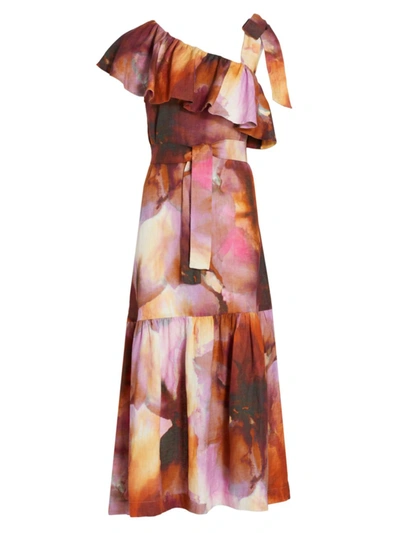 Anna Mason Cirque Asymmetric Ruffled Printed Linen Midi Dress In Cerise Terracotta