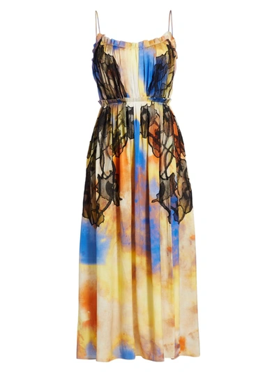 Jason Wu Collection Lace-trimmed Printed Silk-charmeuse Midi Dress In Peach Fiji Blue