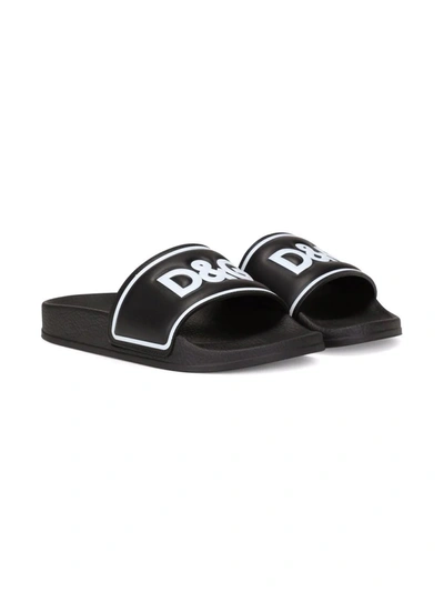 Dolce & Gabbana Boys Black Leather Logo Sliders In Black