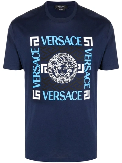 Versace Logo Print Cotton Jersey T-shirt In Blue