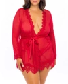 Oh La La Cheri Plus Size Eyelash Lace 2pc Lingerie Set, Robe With Satin Sash And G-string In Red