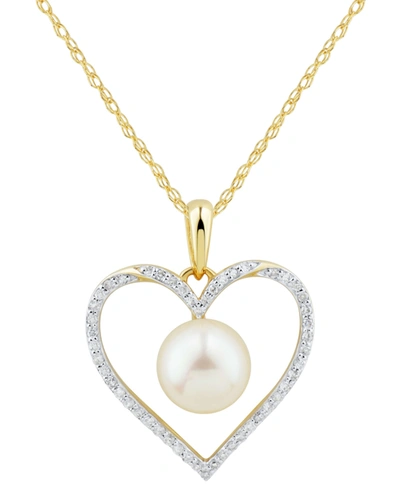 Macy's Cultured Freshwater Pearl (7mm) & Diamond (1/7 Ct. T.w.) Heart 18" Pendant Necklace In 14k Gold (als In Yellow Gold
