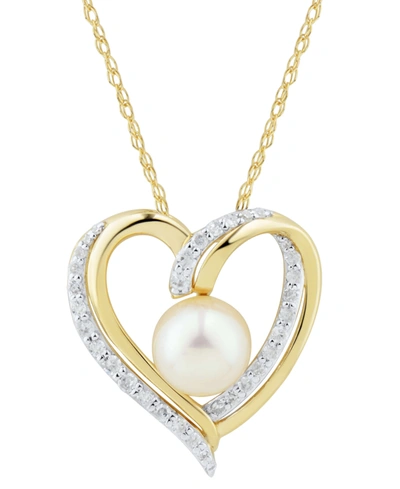 Honora Cultured Freshwater Pearl (7mm) And Diamond (1/4 Ct. T.w.) Heart 18" Pendant Necklace In 14k Gold (a In Yellow Gold