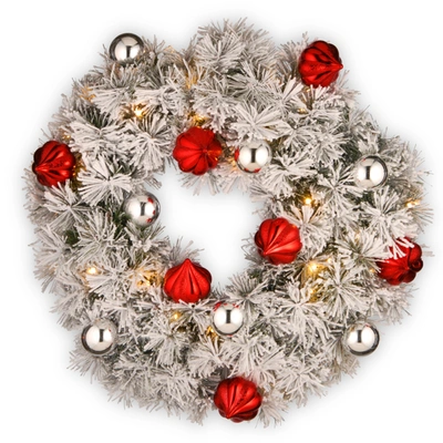 National Tree Company 24" Snowy Bristle Pine Wreaths With Red & Silver Ornaments & 50 Warm White Battery Operated Led Ligh