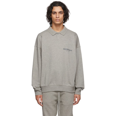 Essentials Grey Long Sleeve Polo In Heather Oatmeal