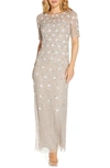Adrianna Papell Long Hand Beaded 3d Floral Dress In Marble