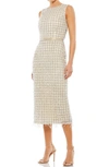Mac Duggal Fringe Beaded Column Midi Dress In Silver