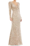 Mac Duggal Long Sleeve Sequin Trumpet Gown In Shimmering Gold-tone