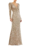 Mac Duggal Long Sleeve Sequin Trumpet Gown In Shimmering Gold