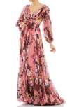 MAC DUGGAL FLORAL LONG SLEEVE LACE-UP CHIFFON GOWN
