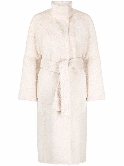 Yves Salomon Belted Shearling Coat In Neutrals