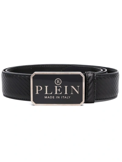 Philipp Plein Logo-plaque Textured Belt In Black