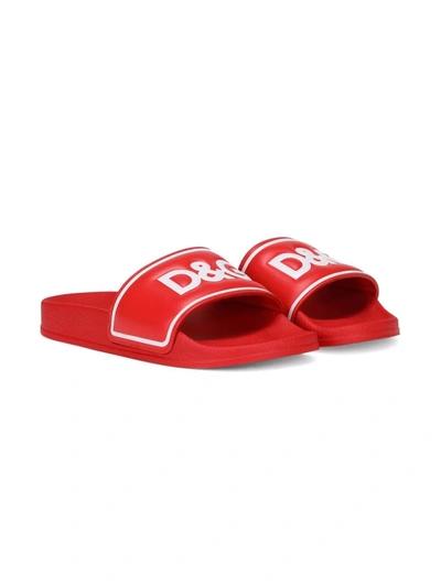 Dolce & Gabbana Kids' Logo-print Leather Slides In Red