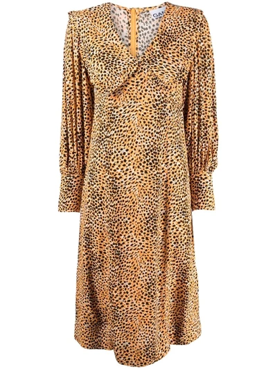 Ganni Leopard-print Crepe Oversized-collar Dress In Bright Marigold