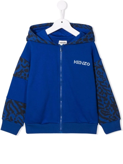 Kenzo Kids' Embroidered-logo Zipped Hoodie In Blue