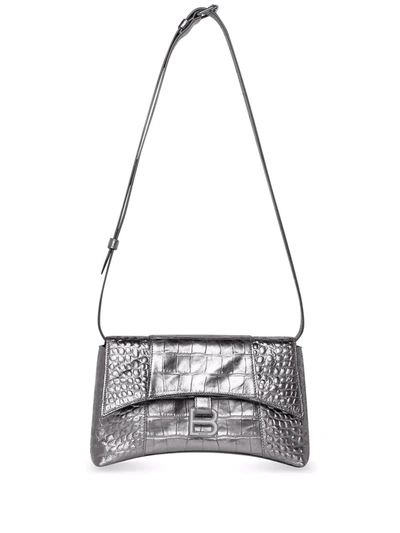 Balenciaga Treize Xs Metallic Croc-effect Leather Shoulder Bag In Silber