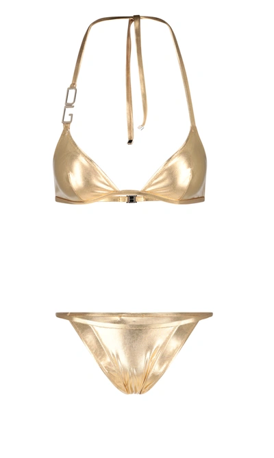 Dolce & Gabbana Satin Triangle Bikini In Gold