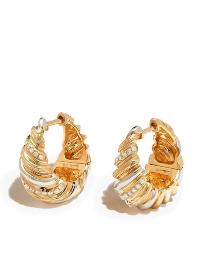 Yvonne Léon 9k Yellow And White Gold Gaufrette Diamond Hoop Earrings