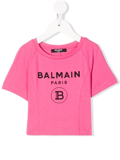 Balmain Kids' Logo印花短款t恤 In Pink
