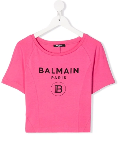 Balmain Teen Logo-print Cropped T-shirt In Fuxia/nero
