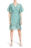 Max Studio Floral Print Wrap Ruffle Dress In Green Tossed Carnation Mix