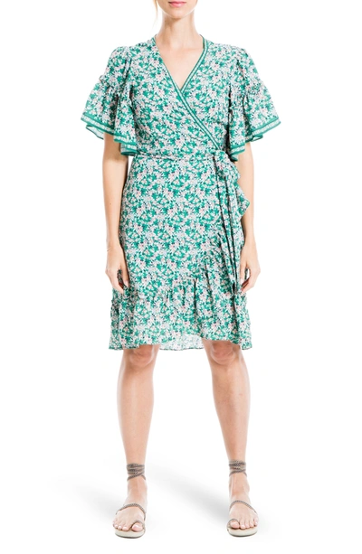 Max Studio Floral Print Wrap Ruffle Dress In Green Tossed Carnation Mix