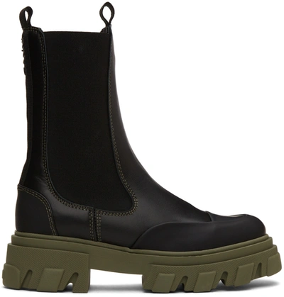 Ganni Chelsea Black Ankle Boots In Black/green
