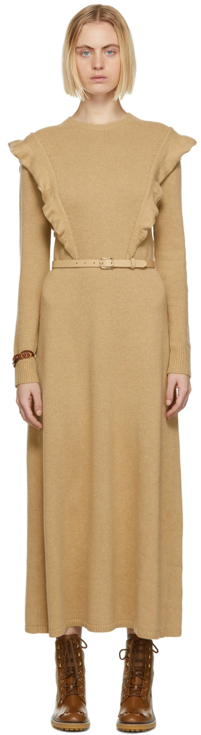 Chloé + Net Sustain Ruffled Recycled Cashmere Maxi Dress In Straw Beige