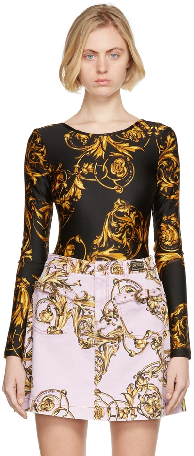 Versace Jeans Couture Black & Gold Regalia Baroque Bodysuit In Eg89 Black + Gold