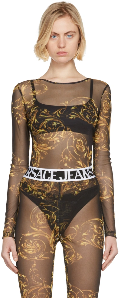 Versace Jeans Couture Black Mesh Regalia Baroque Bodysuit In Eg89 Black + Gold