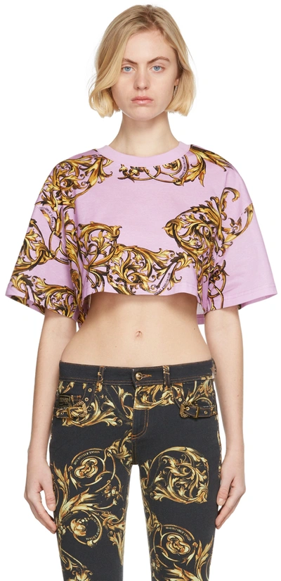 Versace Jeans Couture Barocco-print Cropped Cotton T-shirt In Violet