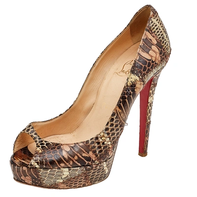 Pre-owned Christian Louboutin Brown Python Patchwork Banana Peep Toe Platform Pumps Size 37.5