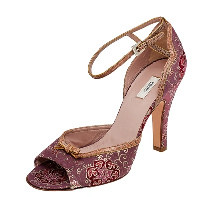 Pre-owned Prada Pink/brown Brocade Fabric And Lizard Leather Ankle Strap Sandals Size 38