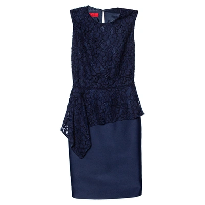 Pre-owned Ch Carolina Herrera Navy Blue Lace Sleeveless Peplum Dress Xs