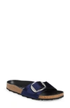 Birkenstock Madrid Big Buckle Womens Velvet Footbed Slide Sandals In Blue