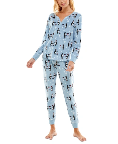 Jaclyn Intimates Printed Faux Henley Top & Jogger Pants Set In Marshmellow Penguins Powder Blue