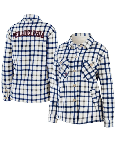 Wear By Erin Andrews Women's Oatmeal Philadelphia 76ers Plaid Button-up Shirt Jacket