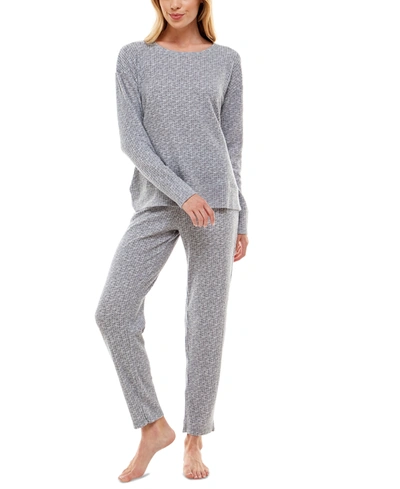 Jaclyn Intimates Fuzzy Luxe Waffle Long Sleeve Top & Open Leg Pant Set In Tradewinds