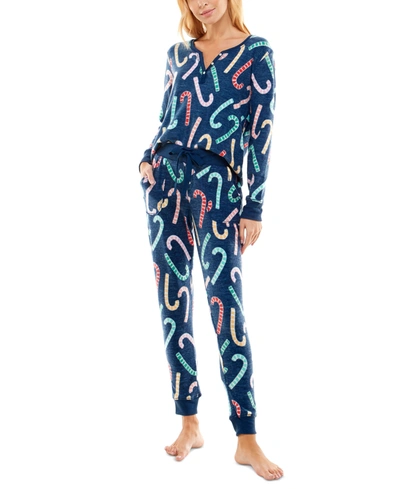 Jaclyn Intimates Printed Faux Henley Top & Jogger Pants Set In Colorful Candy Canes Peacoat