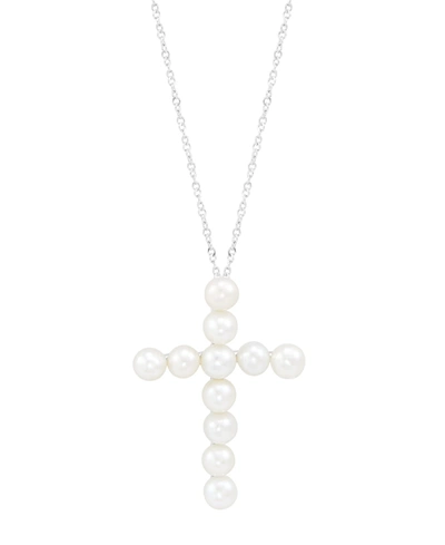 Macy's Cultured Freshwater Pearl (4mm) Cross 18" Pendant Necklace In Sterling Silver