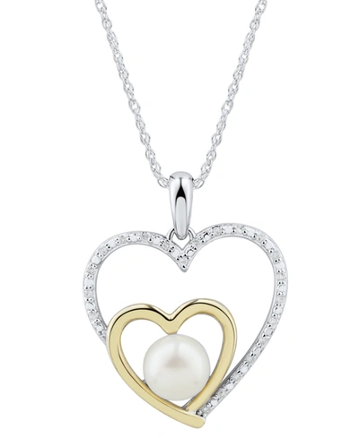 Macy's Cultured Freshwater Pearl (6mm) & Diamond Accent Heart Pendant Necklace In Sterling Silver & 14k Gol