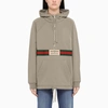 GUCCI GREY HOODIE WITH WEB AND LOGO PATCH