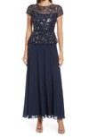 Pisarro Nights Beaded Mesh Mock Two-piece Gown In Jbs Navy