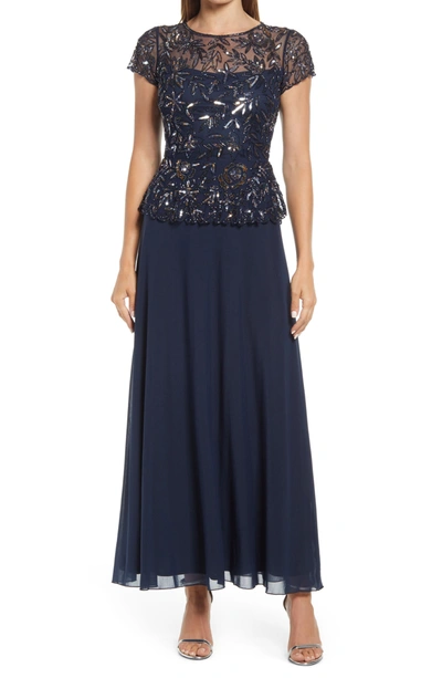 Pisarro Nights Beaded Mesh Mock Two-piece Gown In Jbs Navy