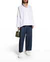 Eskandar Wide Longer-back Double Stand Collar Shirt (mid Plus Length) In White