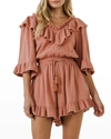 Free The Roses Ruffle Detail Cotton Romper In Rust